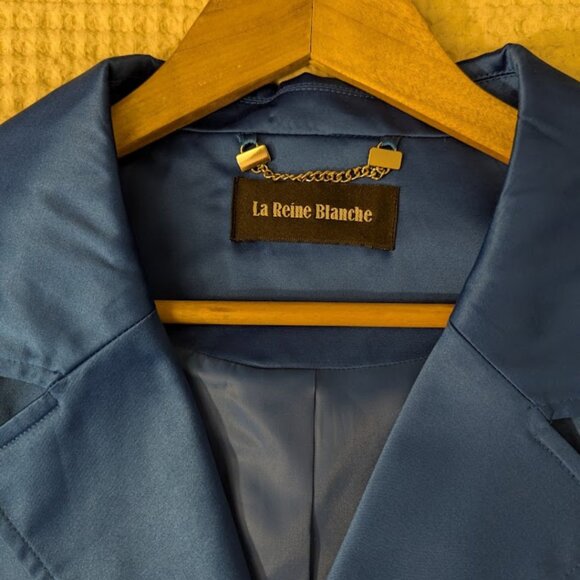 Coat Dress Trendy Electric Blue Satin Belted 3/4 Sleeves Fully Lined - Picture 5 of 11